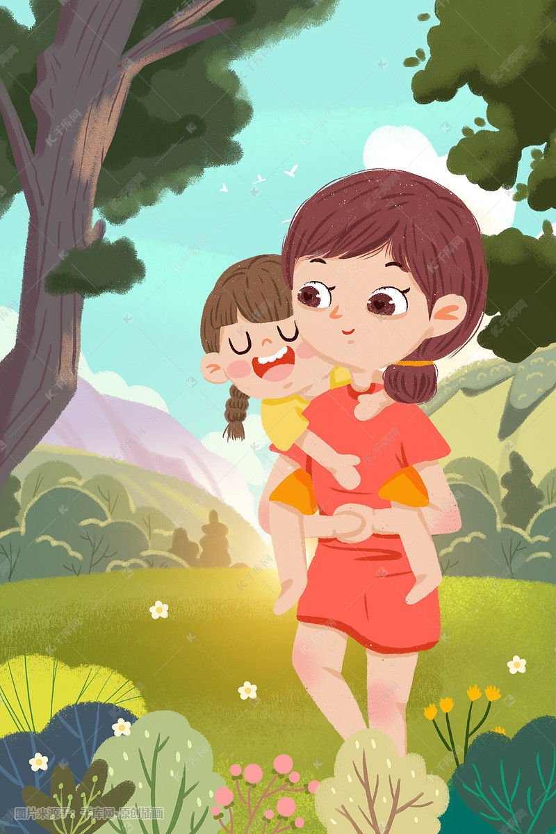 绿色小清新母亲节郊游插画图片-千库网