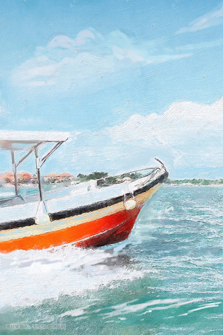 油画风格夏季蓝天白云红色游船度假风景插画