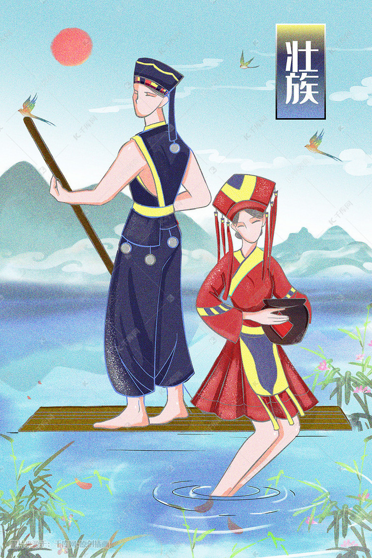 壮族少男少女竹筏划船游玩