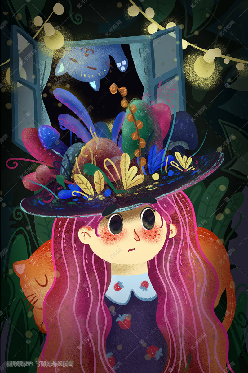 森林女孩夜晚欣赏自然环境清新插图插画图片-千库网