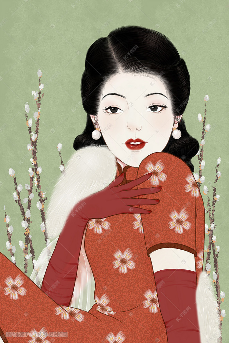 中国风 工笔 创意民国风 人物插画图片-千库网