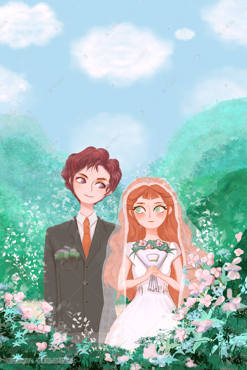 婚礼绿色花园梦幻小清新场景插画