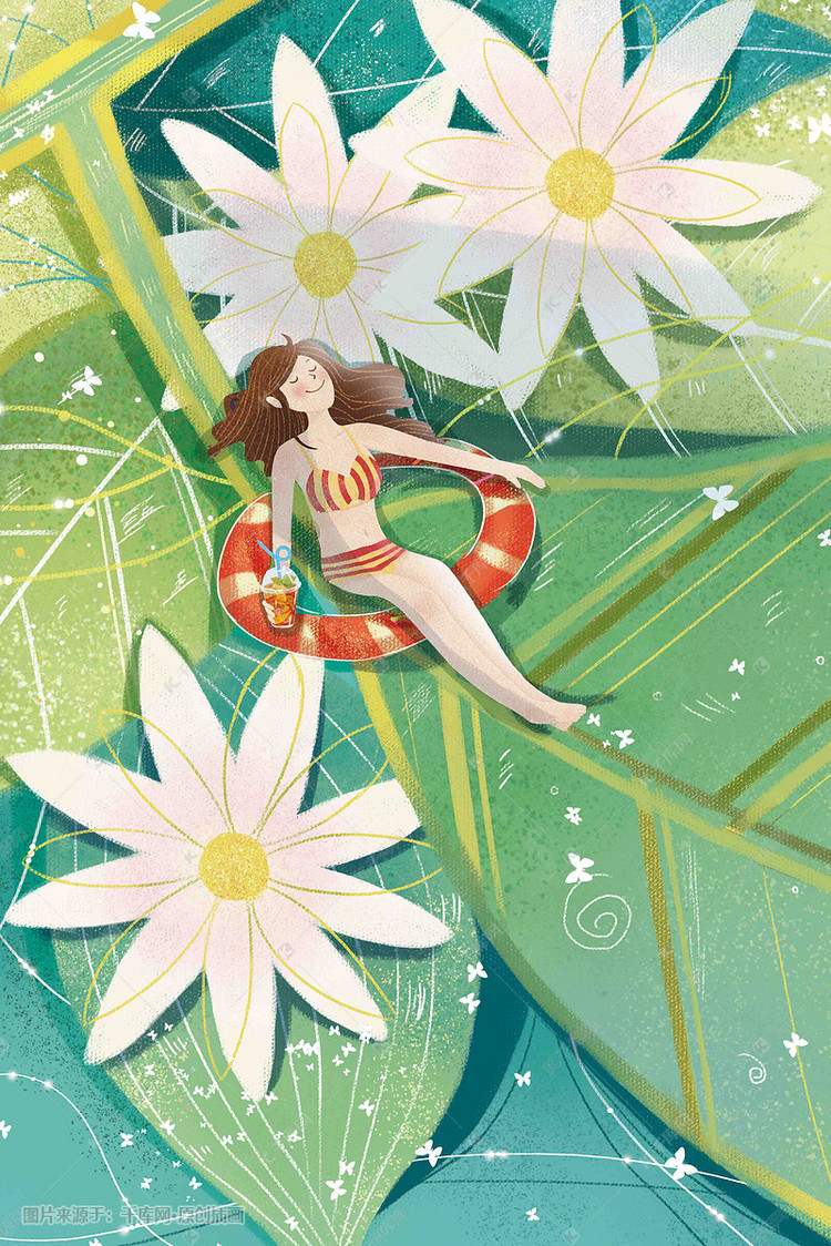 夏至夏天池塘荷叶荷花清新少女手绘风格插画