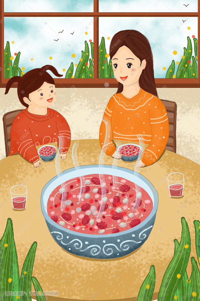 母亲节孩子妈妈家人吃早餐喝粥小清新