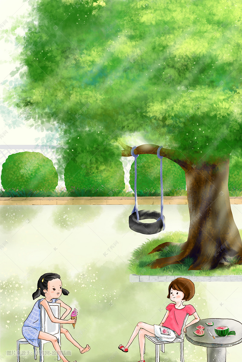 暖色系小清夏日女孩子树下乘凉吃西瓜雪糕图插画图片-千库网