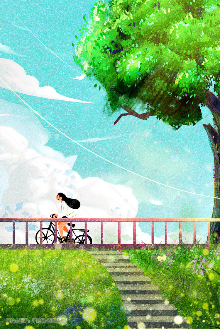 骑车五月你好唯美治愈清新手绘少女夏春天
