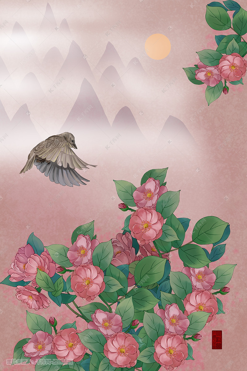 中国风蔷薇工笔花鸟山石