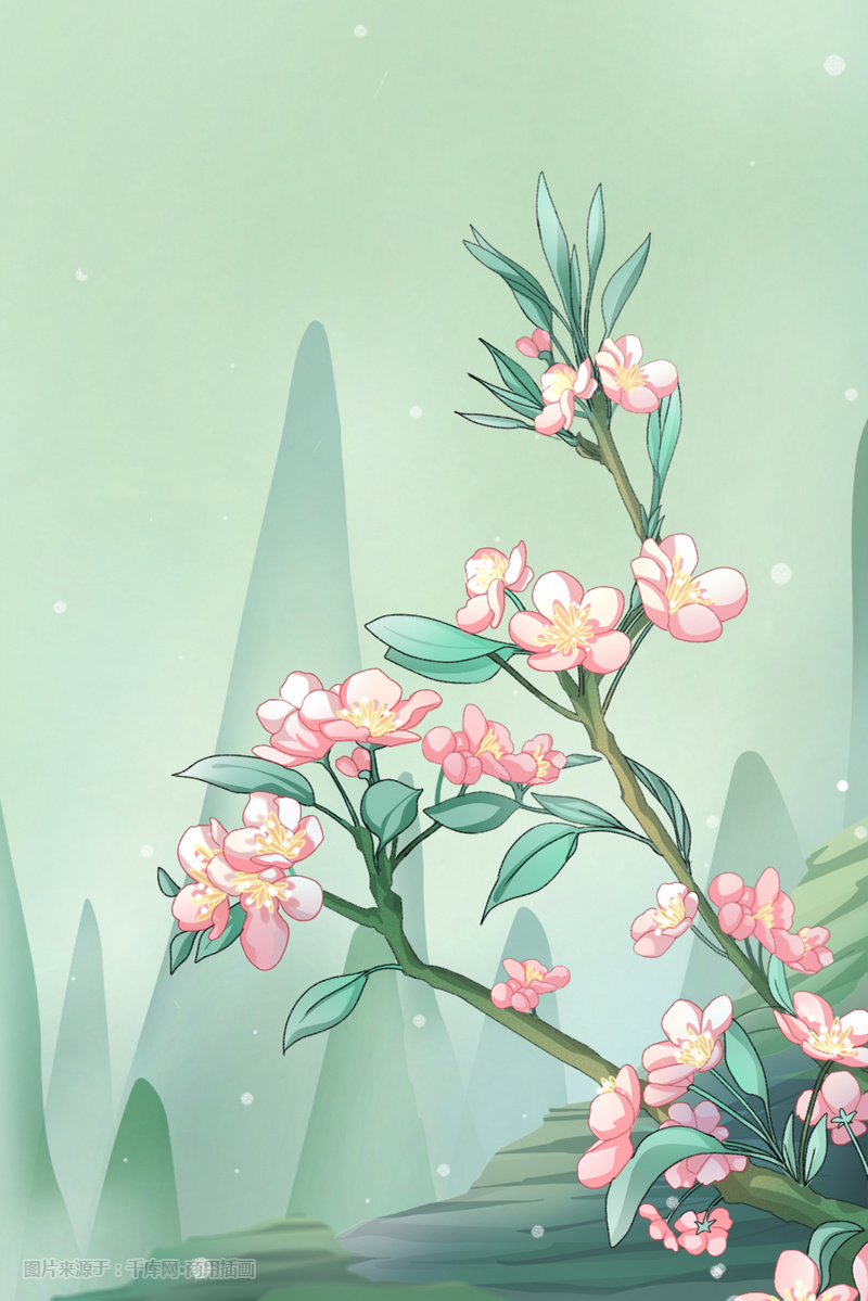 绿色唯美卡通小清新古风春季风景工笔画配图插