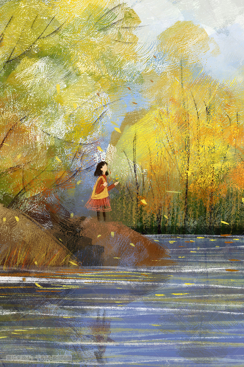 秋天油画女孩在湖边一个人插画图片-千库网