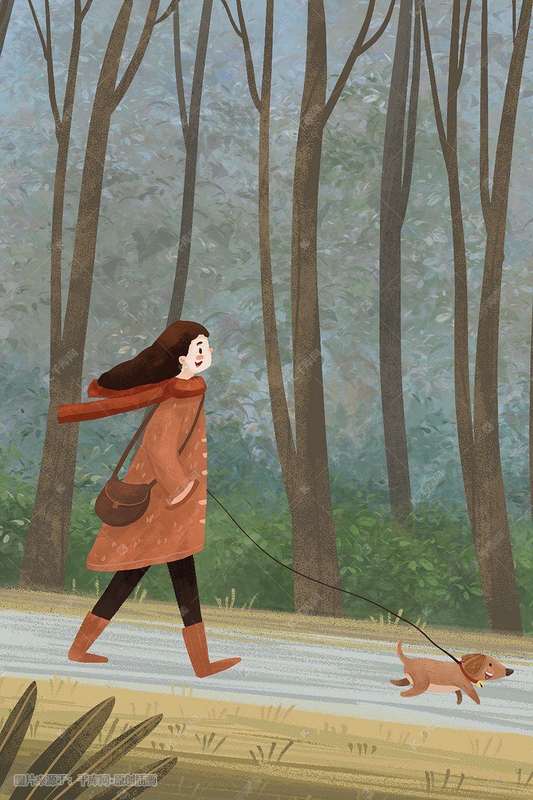 立冬节气女孩子带着宠物出门散步场景