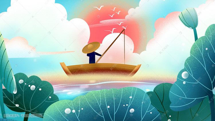 蓝色系卡通手绘风小暑夏景荷塘钓鱼配图