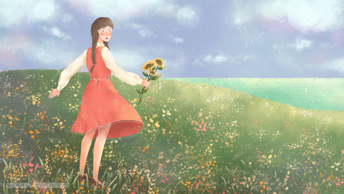 小清新森系治愈花野中的向日葵少女插画图片-千库网
