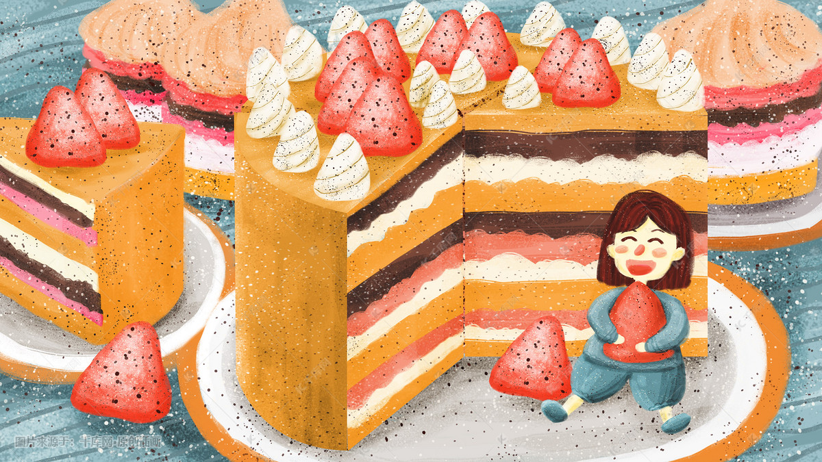吃货女孩与甜品蛋糕插画图片-千库网