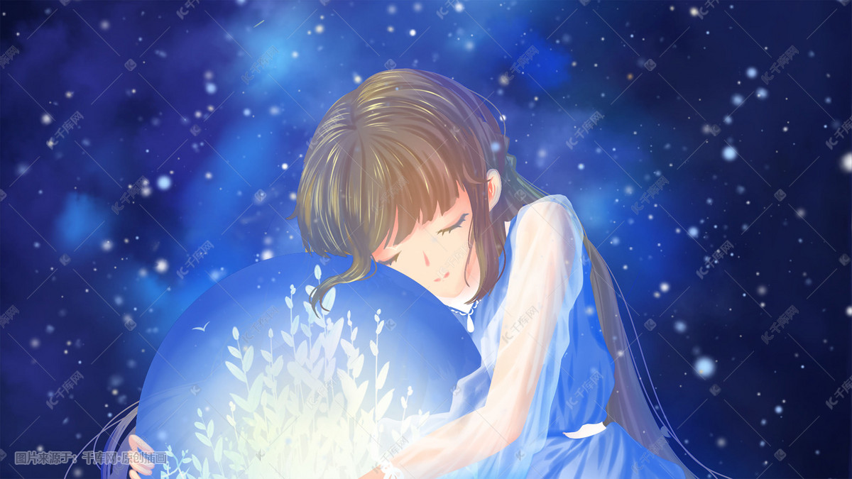 深蓝色唯美卡通小清新治愈星辰星座女孩配图