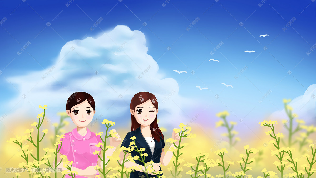 春季油菜花节赏花游玩油菜花里的女孩们插画图片-千库网