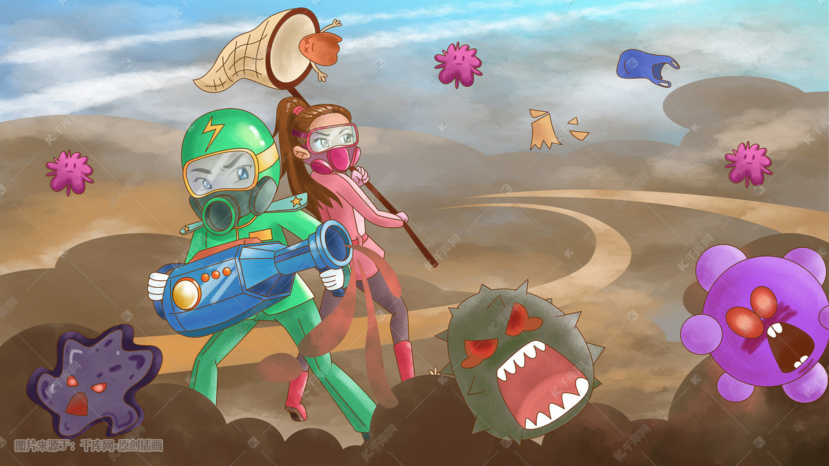 卡通手绘蓝天保卫战士抗击雾霾环保插画