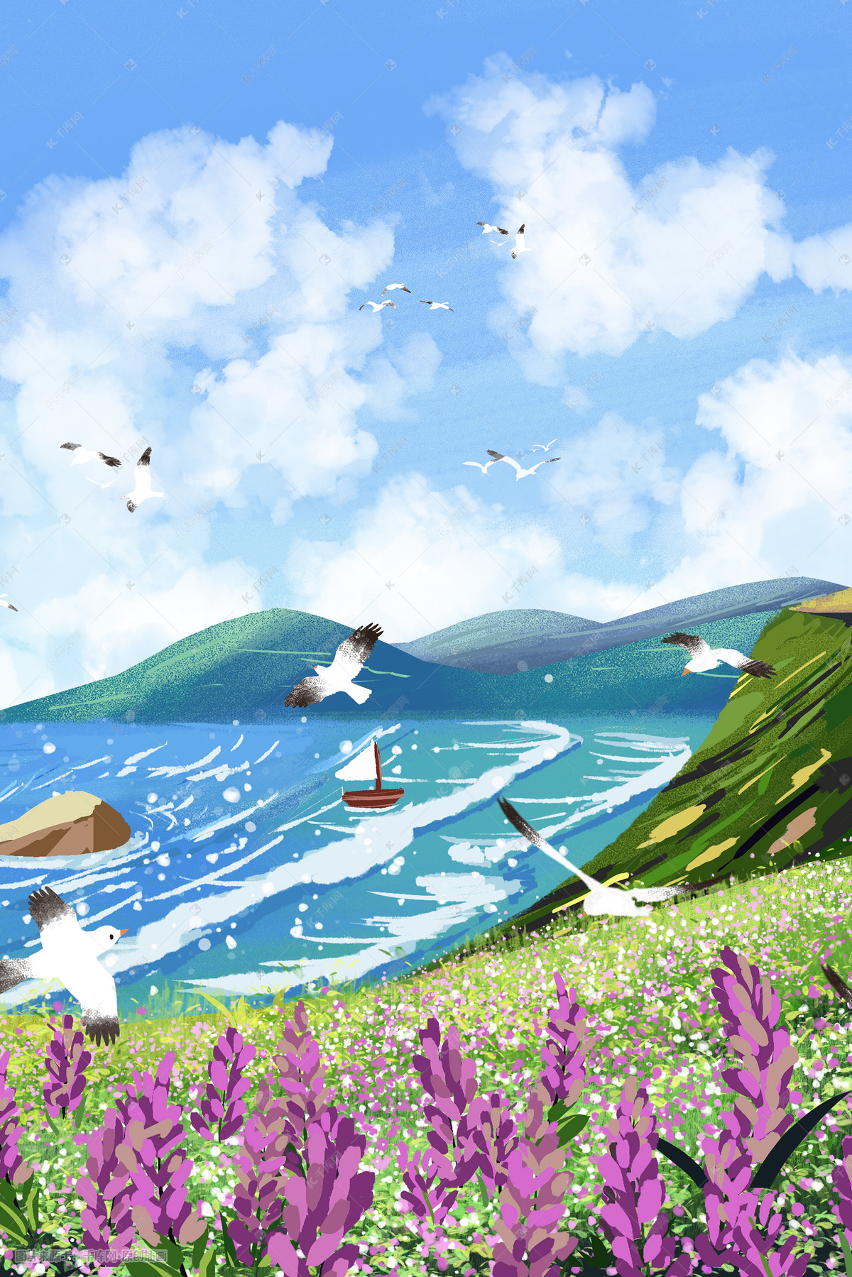 夏天海景远景近景紫色小花插画图片-千库网