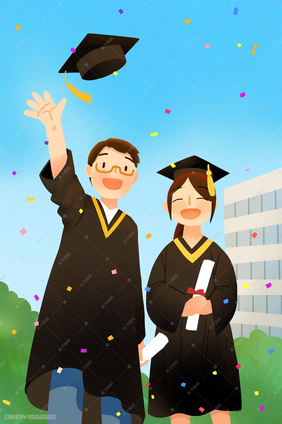 毕业季大学学士服欢乐庆祝抛帽手绘风格插画