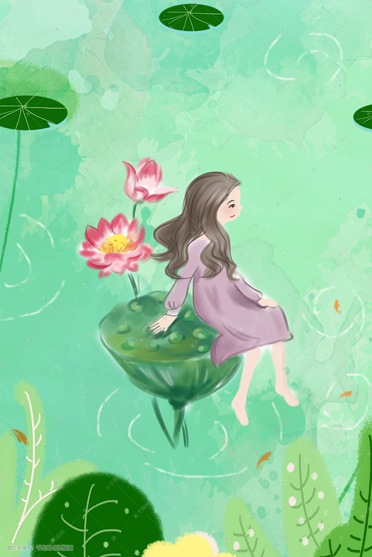 夏天荷塘女孩小暑插画广告海报