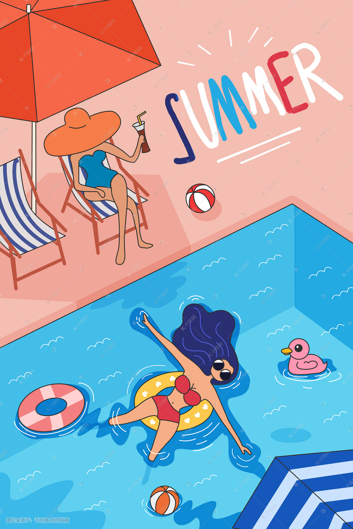 夏日扁平泳池美女插画图片-千库网