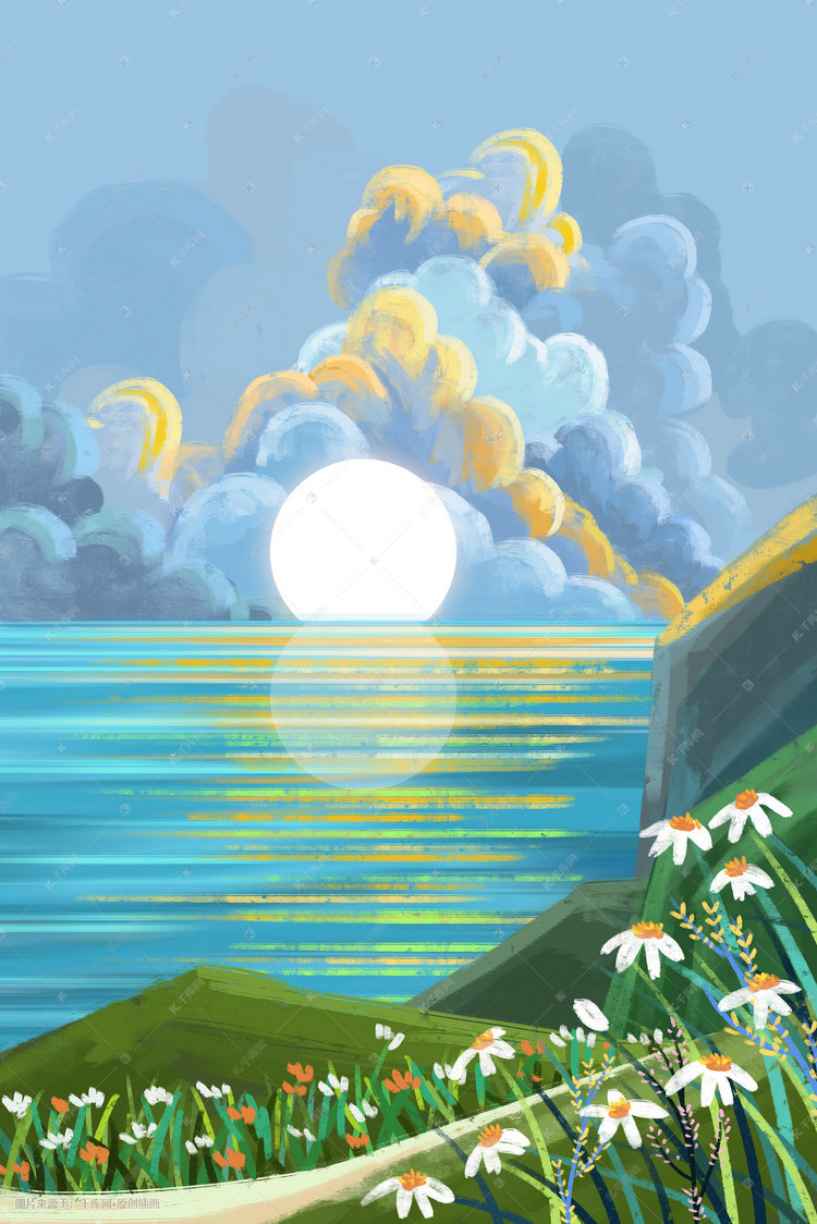 夏日风景手绘背景插画图片-千库网
