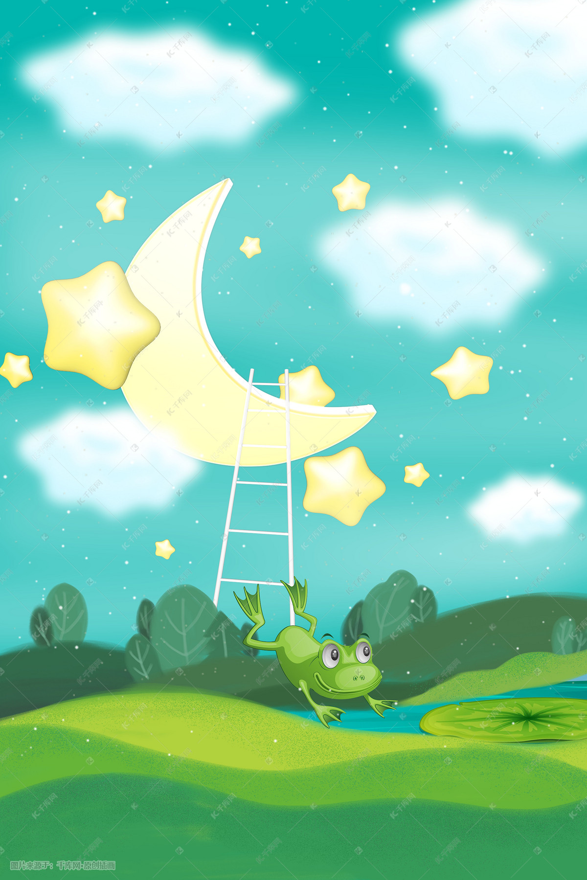 仲夏夜之梦田园卡通月光背景插画图片-千库网