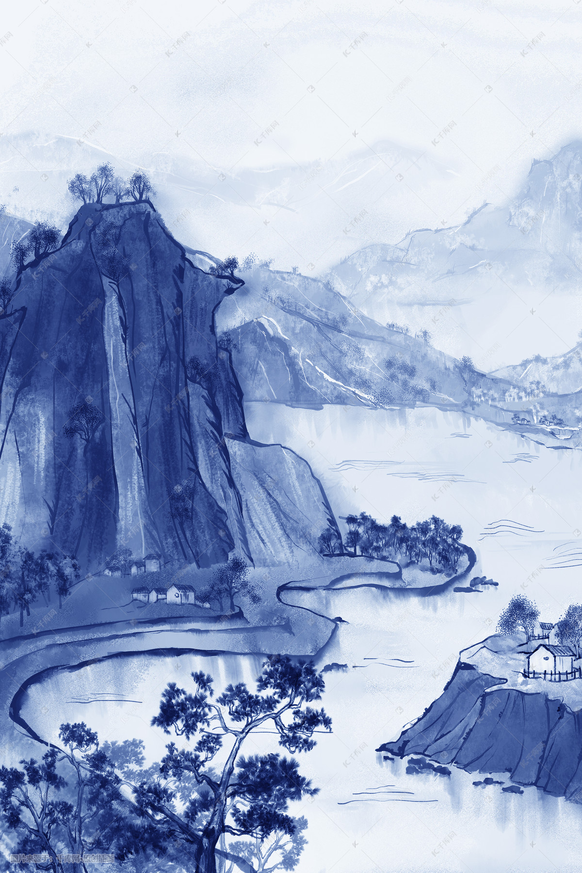 青花瓷写意山水中国风风景水墨画