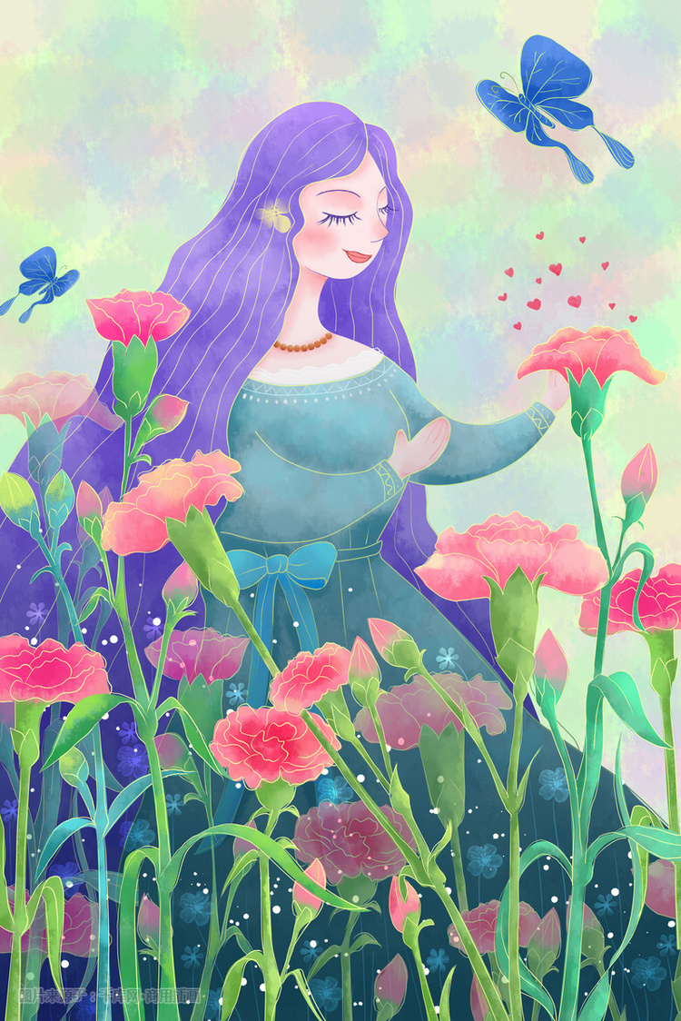 母亲节康乃馨里的妈妈手绘插画