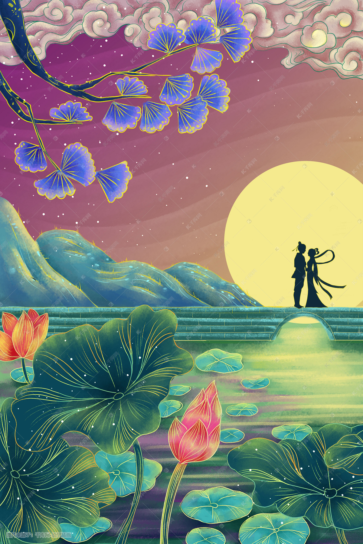 七夕月上荷塘畔手绘插画