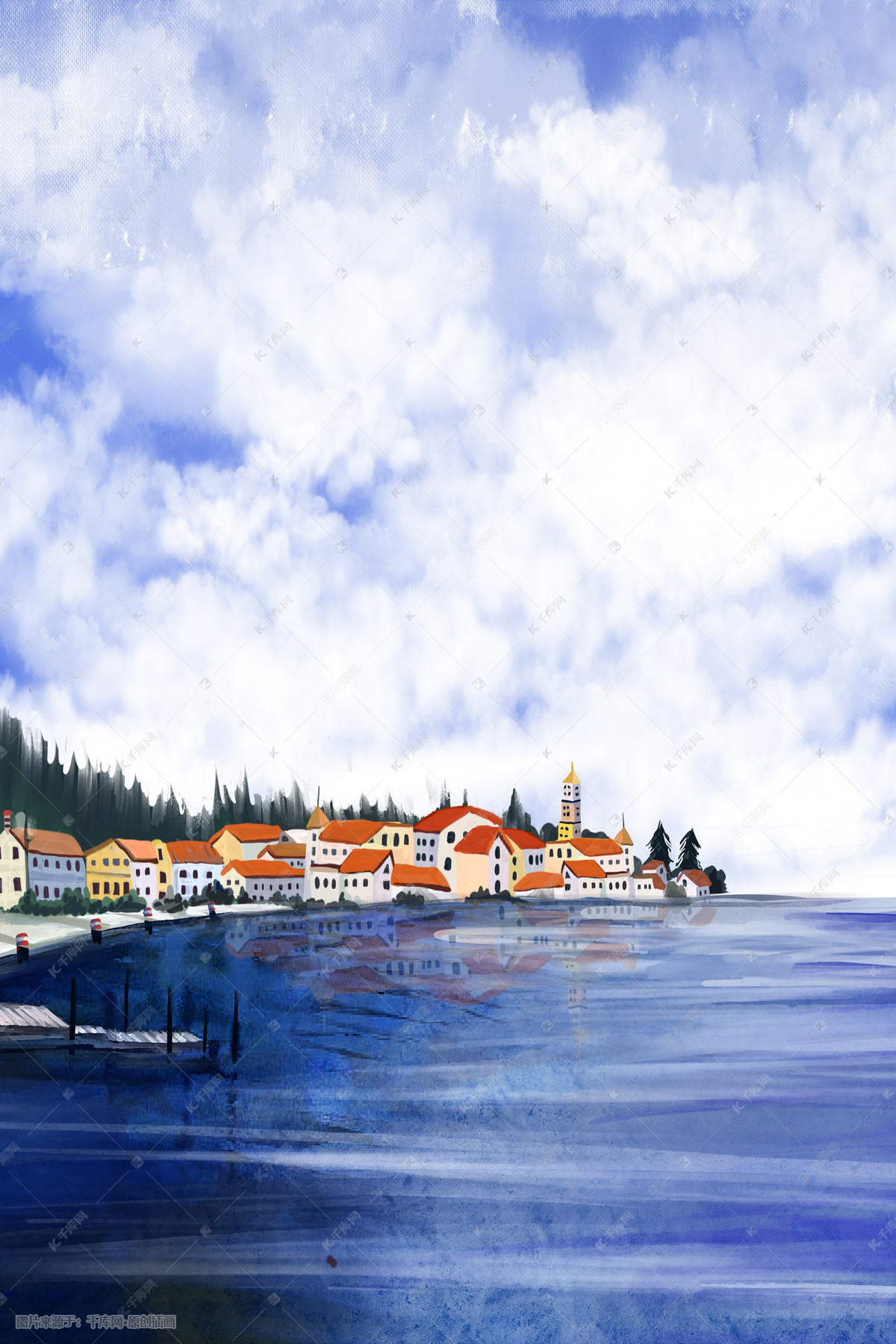 海边小镇风景水彩插画图片