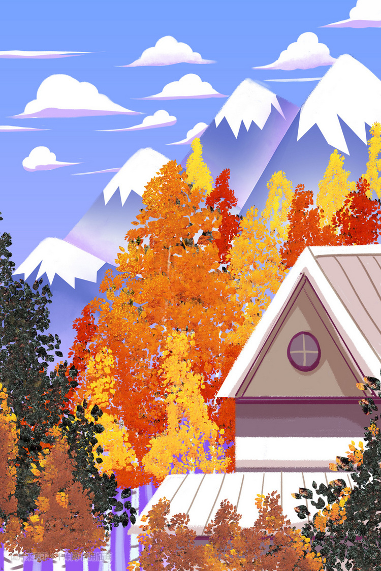 秋天远处的枫林手绘插画