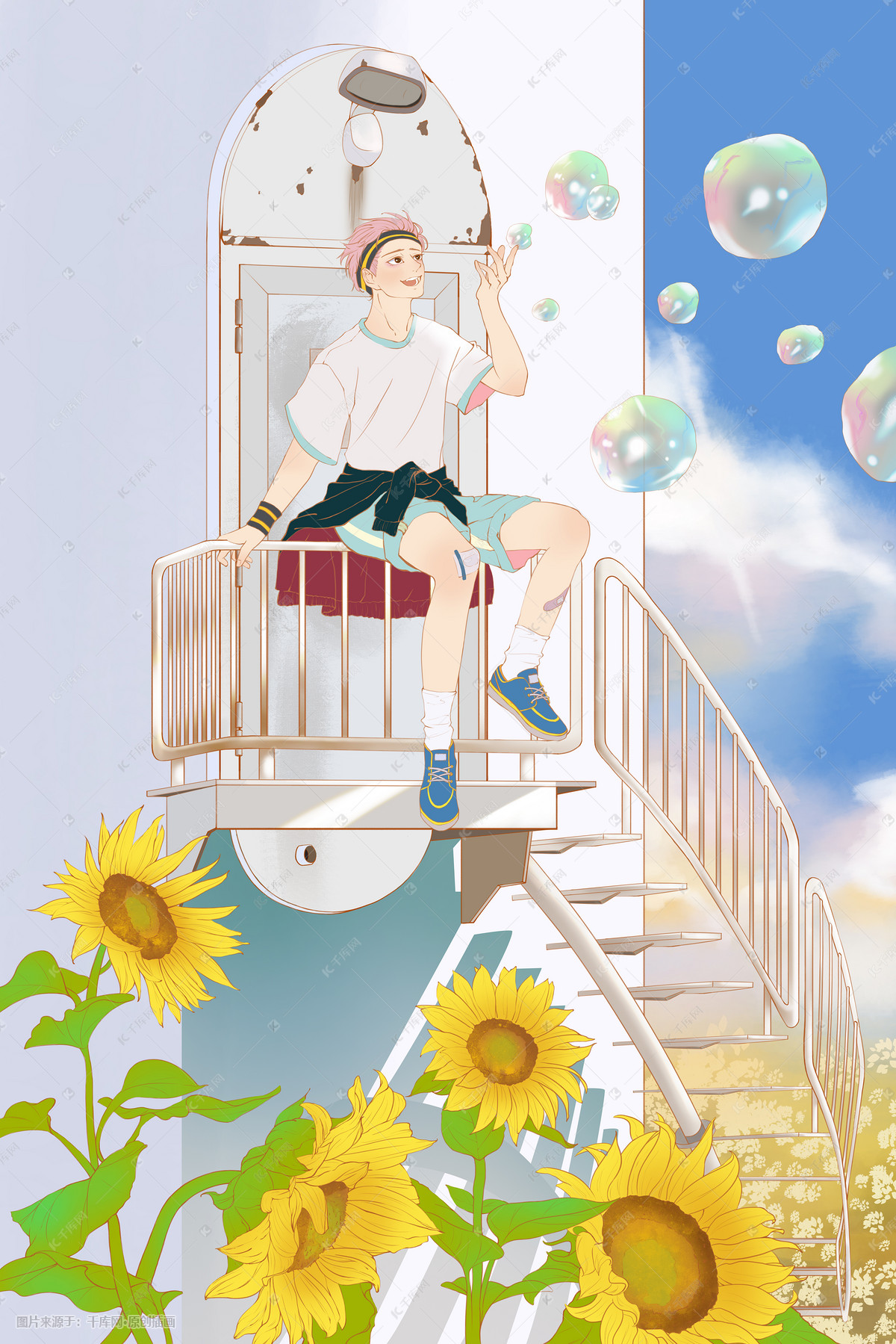 秋天向日葵花海吹泡泡少年插画图片-千库网