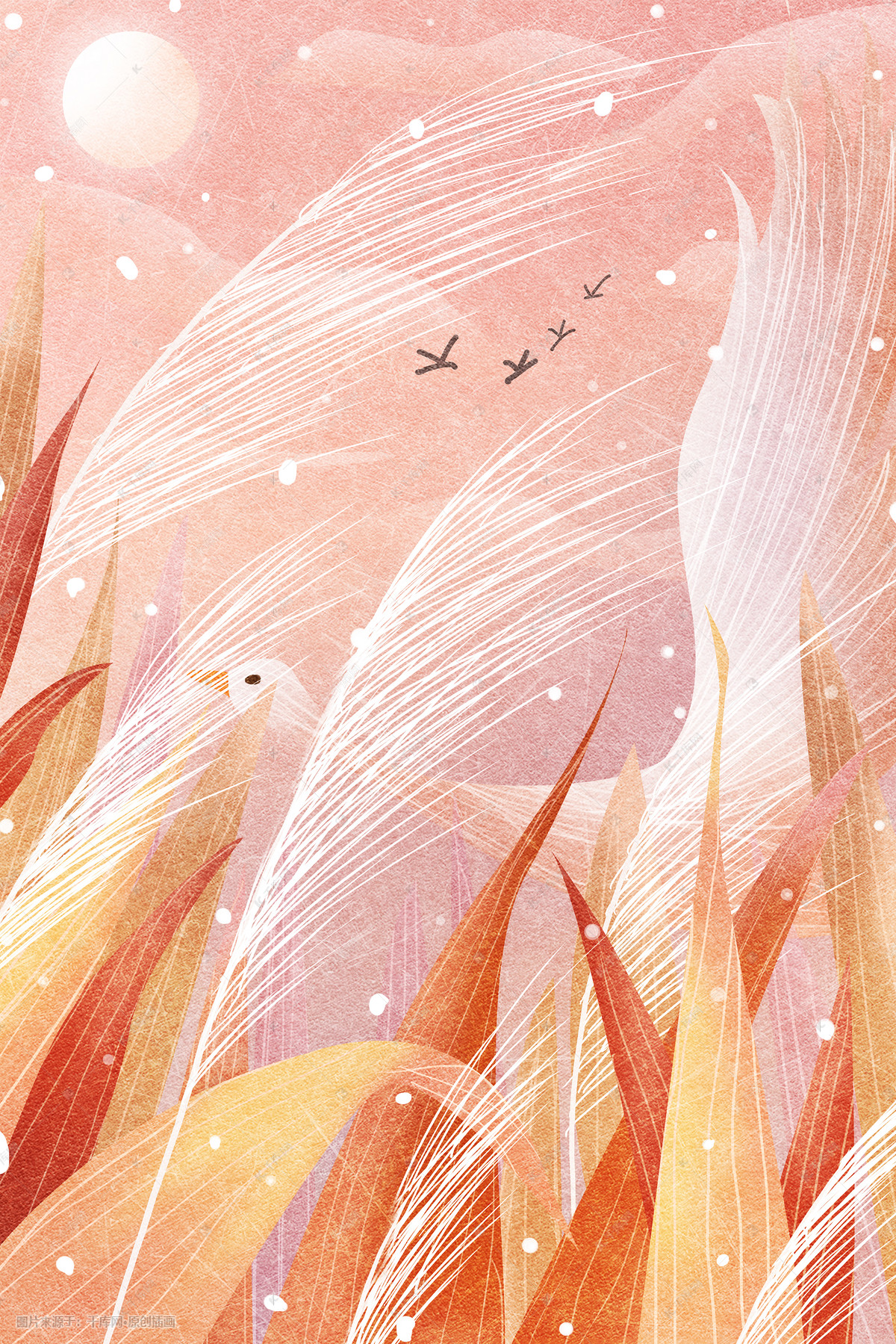 粉色系唯美治愈梦幻天鹅芦苇背景插画图片-千库网