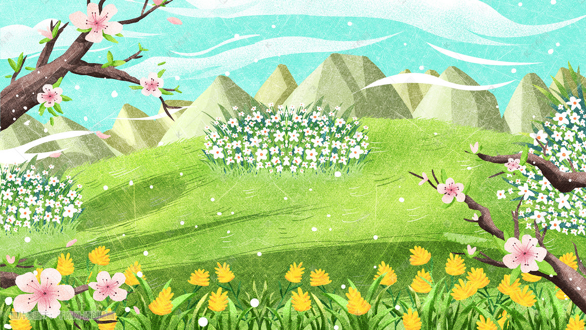 绿色系唯美童话草地树木鲜花风景背景插画图片-千库网