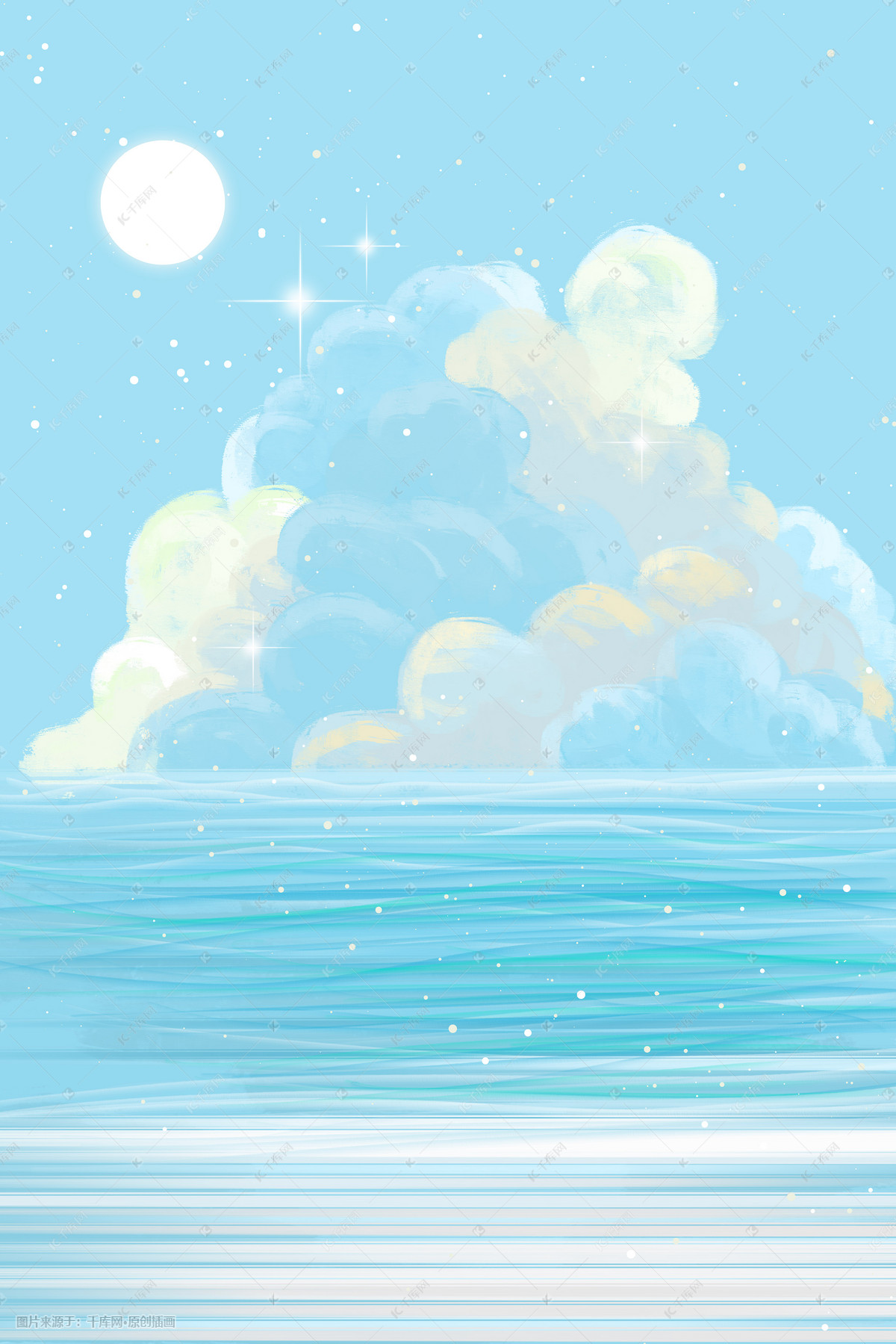 唯美梦幻蓝天白云云朵手绘插画手机壁纸-比格设计