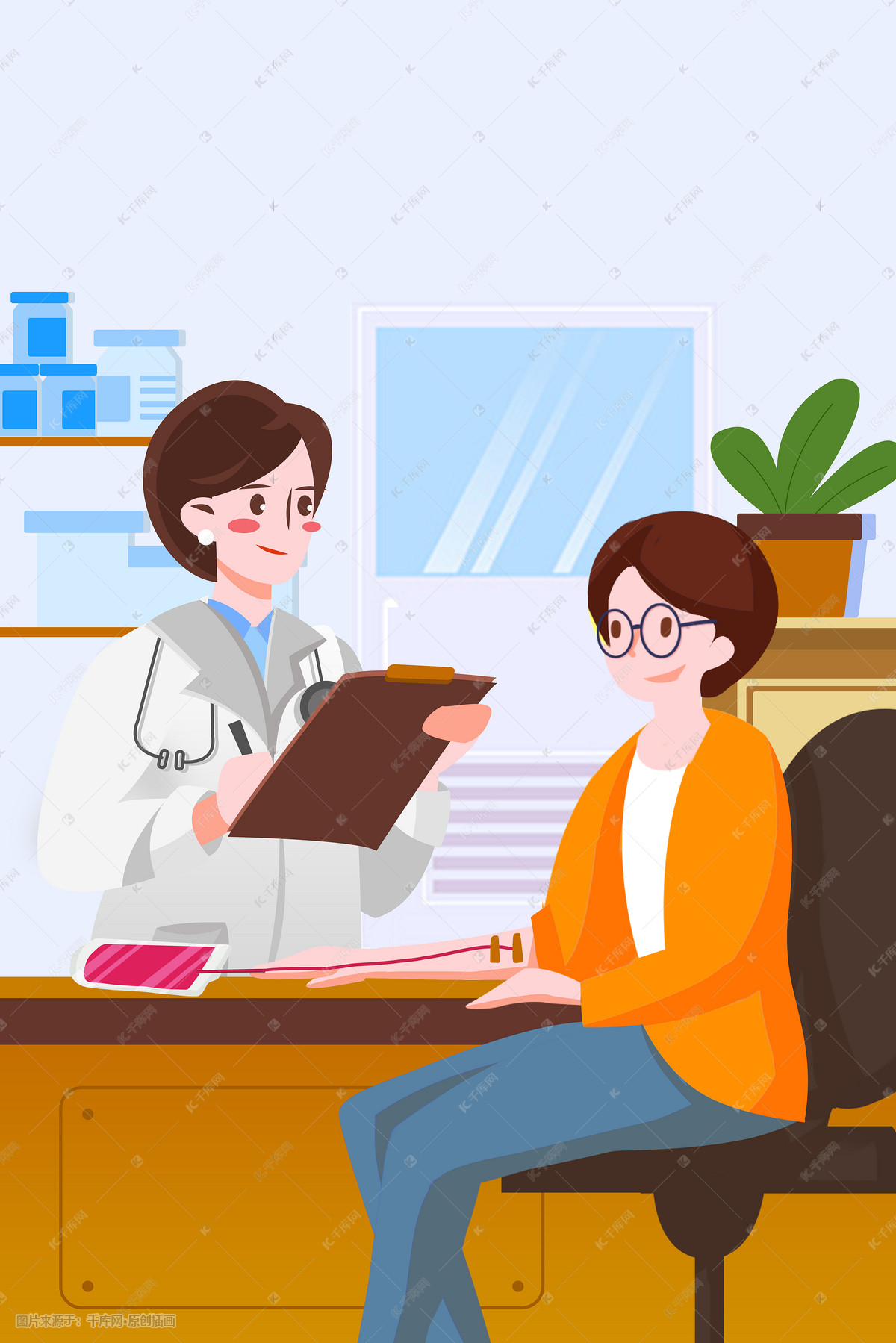 办公医务矢量扁平医生病人看病背景插画图片-千库网