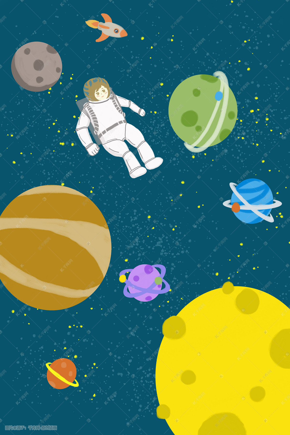 手绘浩瀚宇宙中的宇航员插画下载