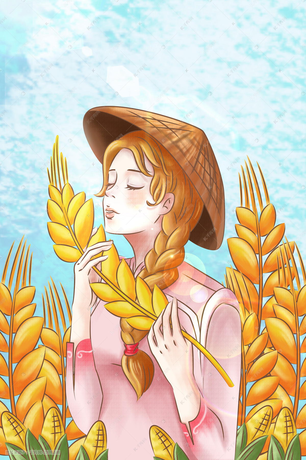 卡通手绘乡村生活之丰收女农插画