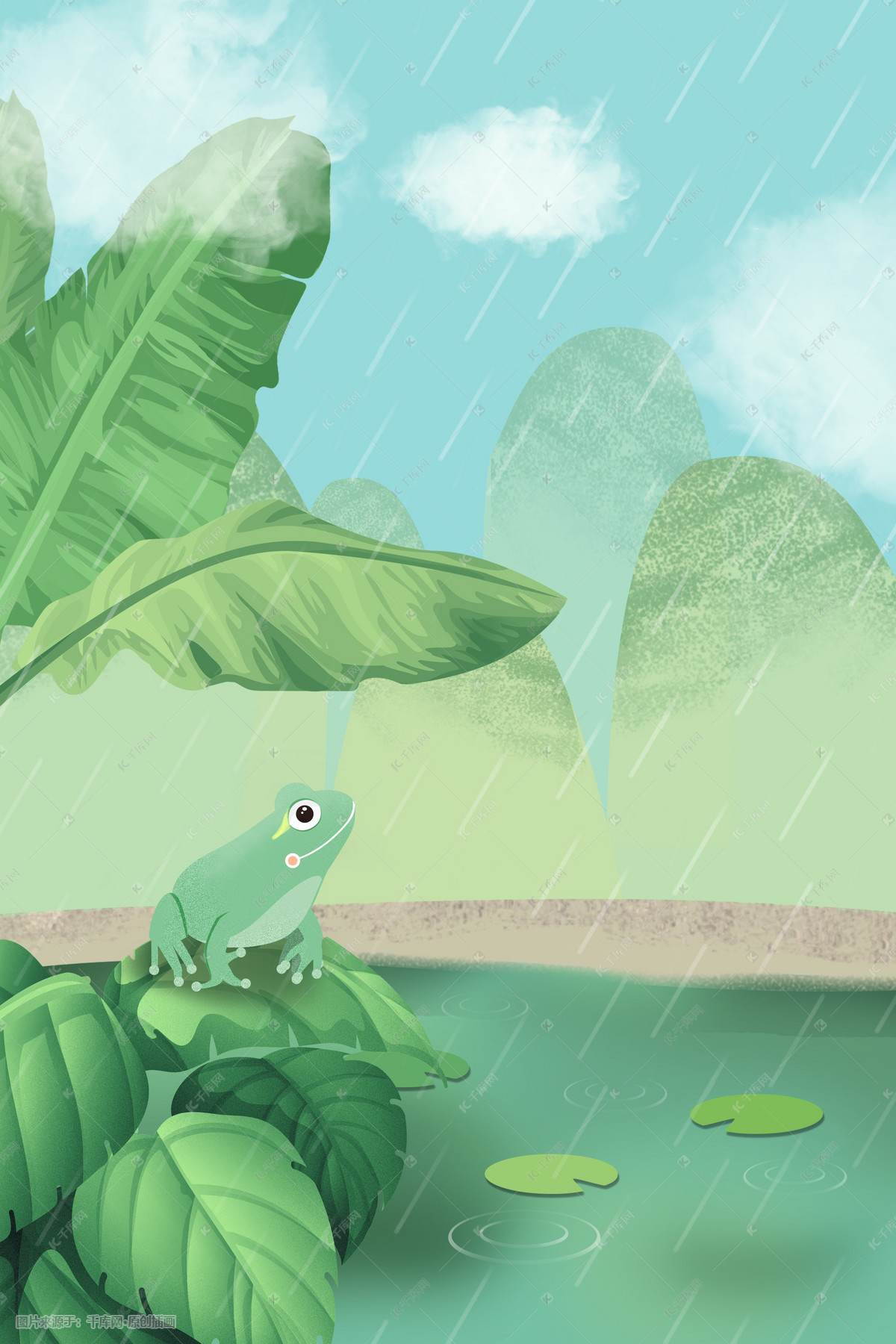 清新夏天青蛙在荷塘设计插画图片-千库网