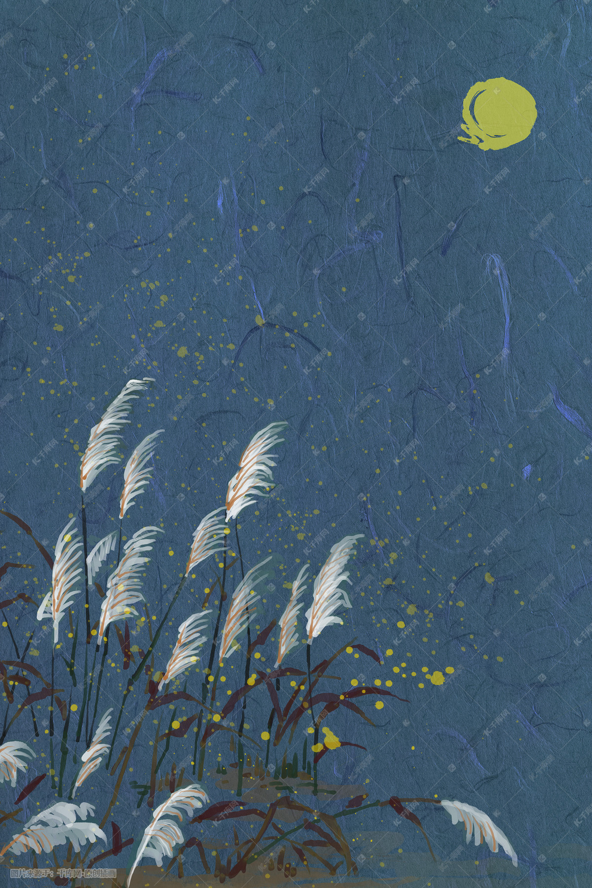 古风水墨淡彩花卉芦花插画