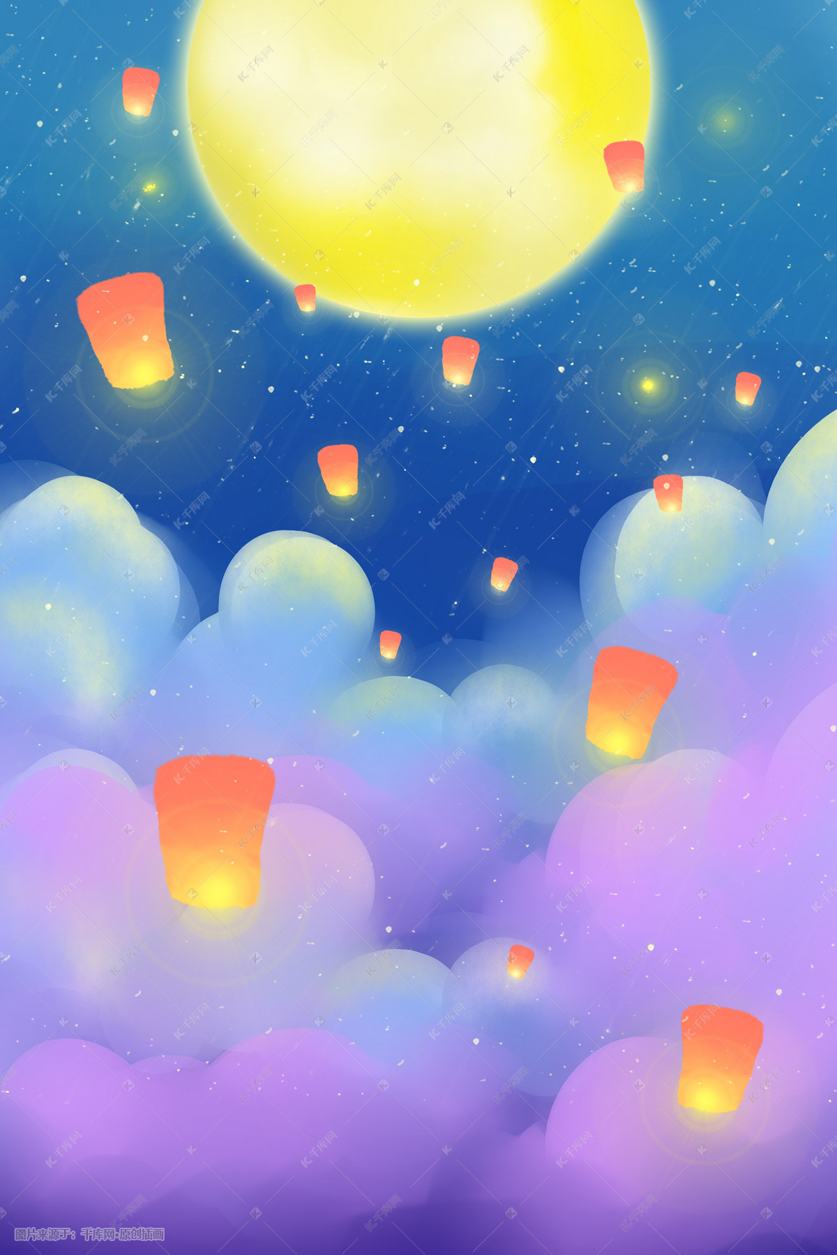 中秋节放孔明灯祈福中秋插画图片-千库网