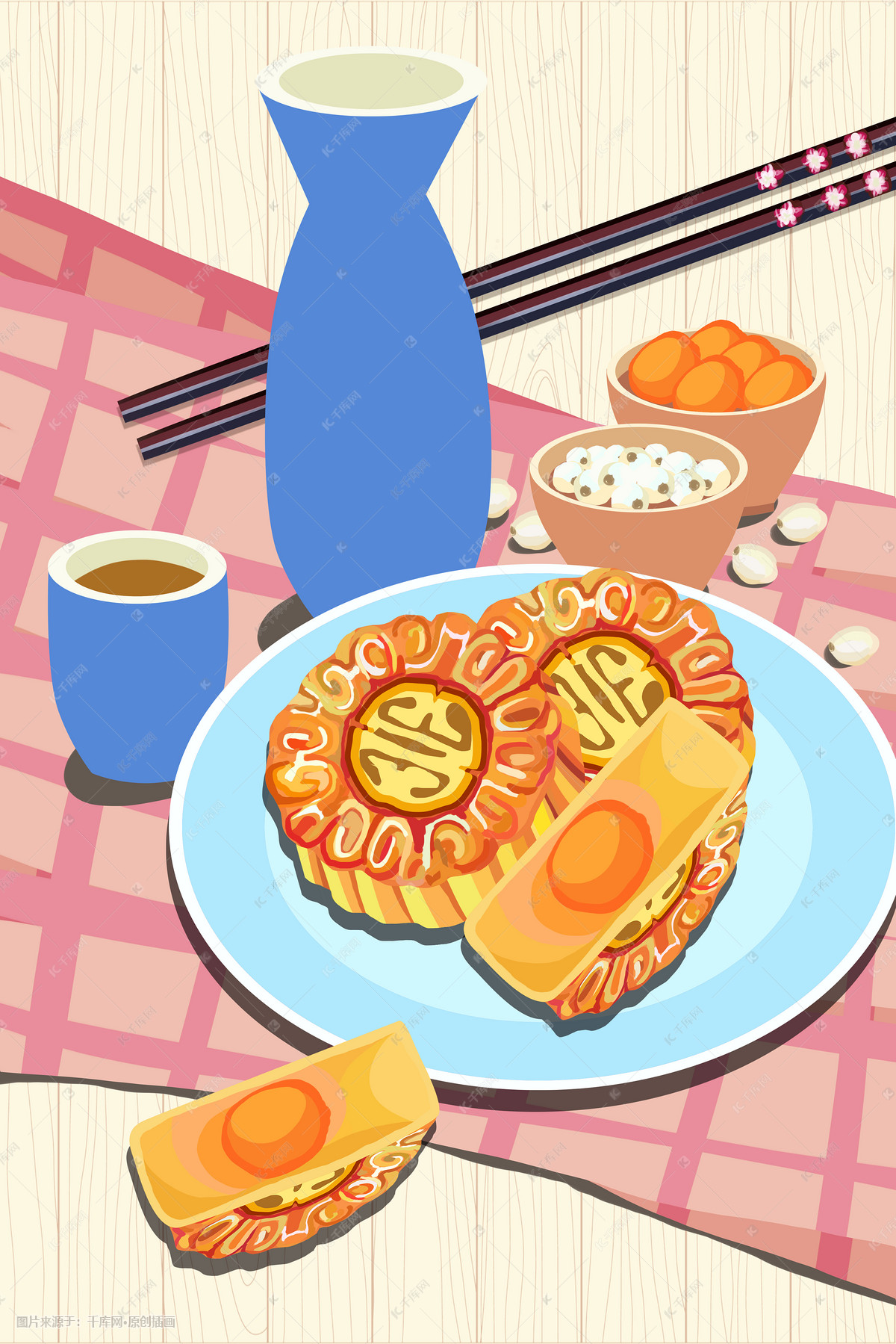 中秋节美食蛋黄月饼插画图片-千库网