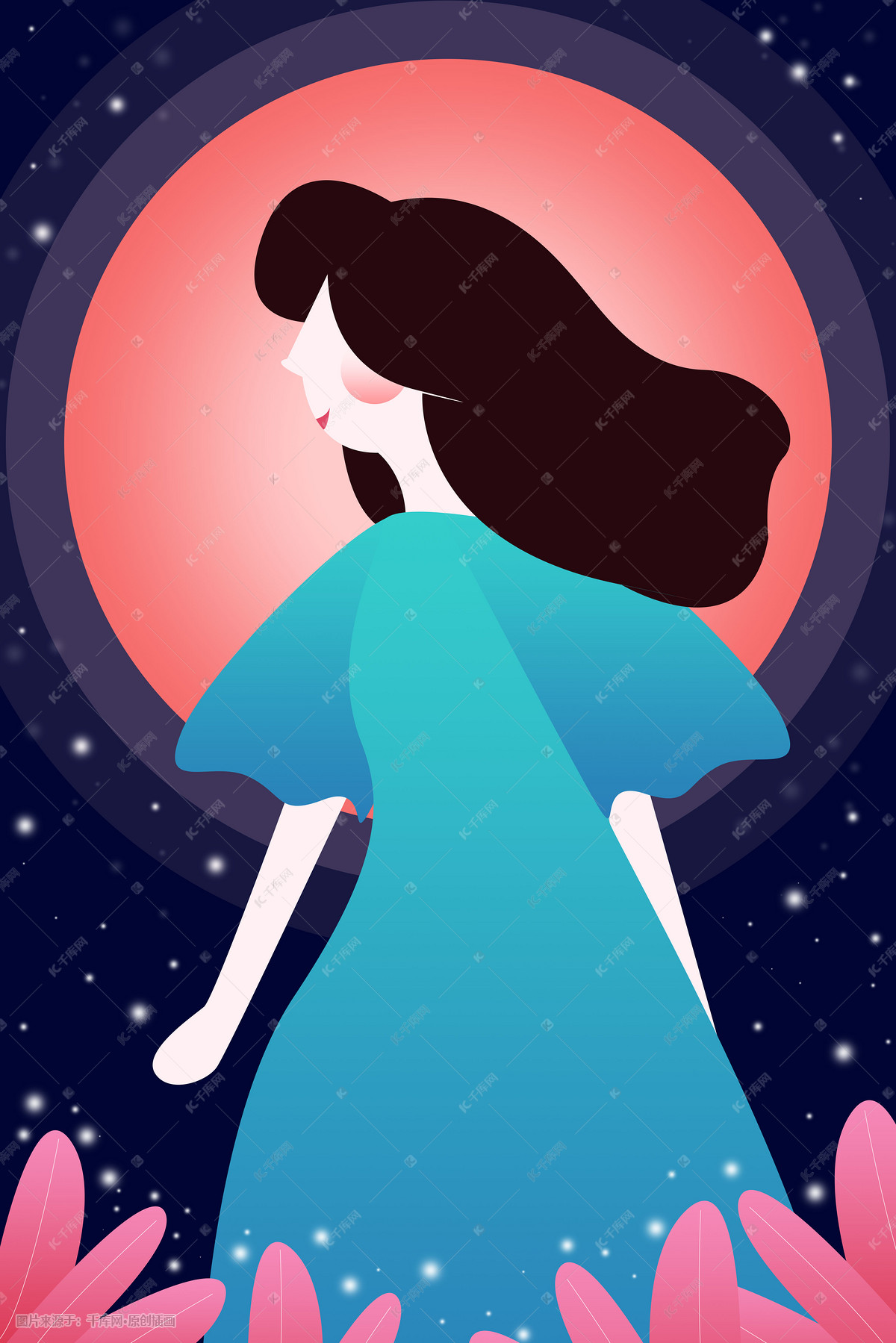 夜晚在月亮下行走的女孩创意插画