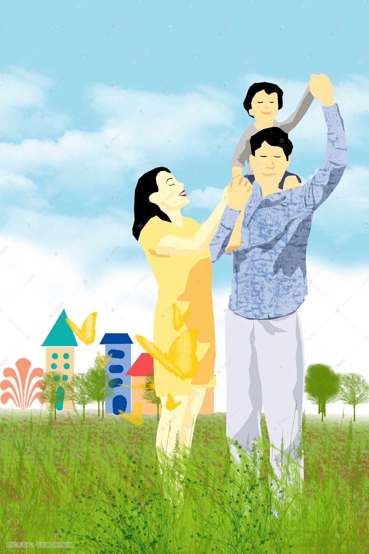一個三口之家卡通外出爸爸媽媽, 家庭剪貼畫, 幸福的家庭, 新婚夫婦向量圖案素材免費下載，PNG，EPS和AI素材下載 - Pngtree