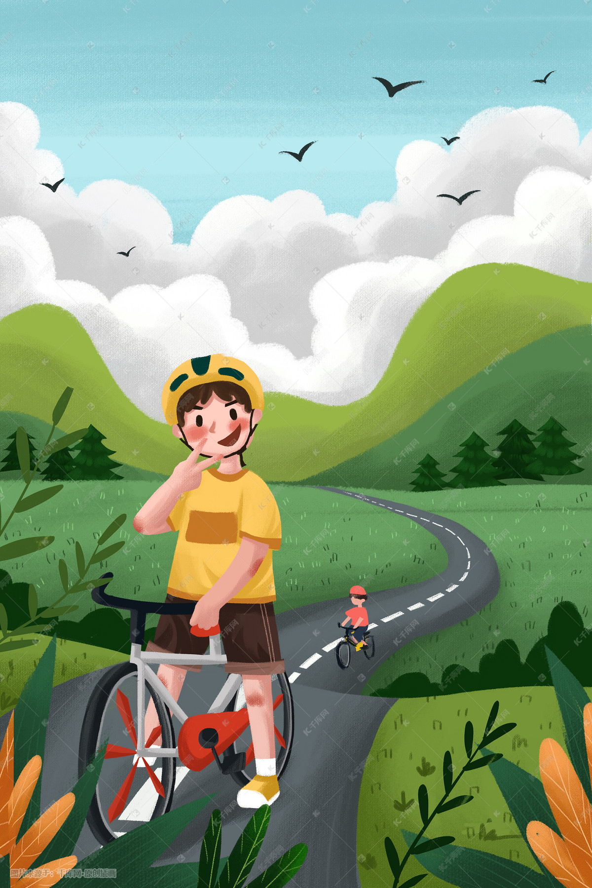 绿色出行环保保护环境社会公益骑自行车男孩插画图片-千库网