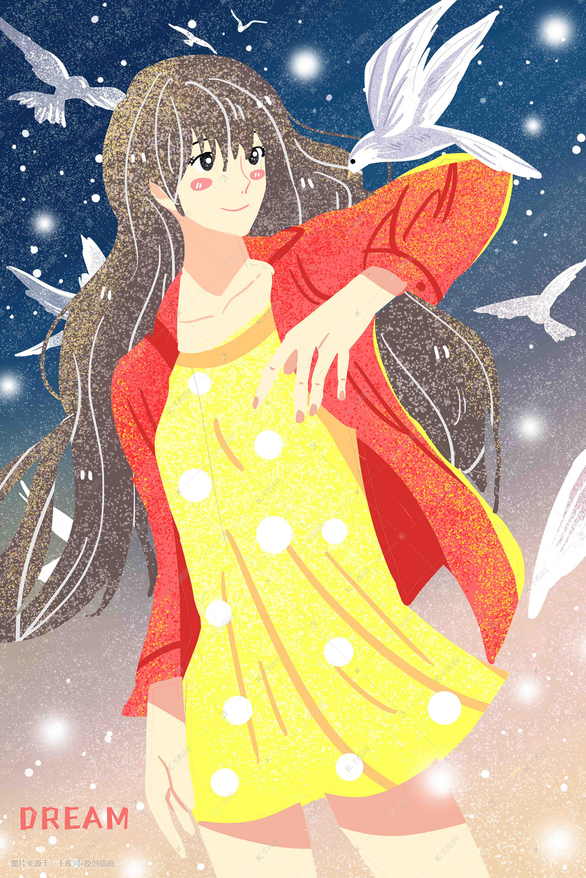 梦想日可爱少女白鸽飞活力扁平手绘风格插画