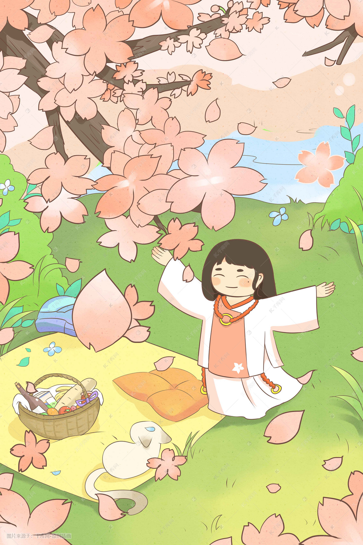 春天踏青游玩野炊野餐赏花桃花开樱花季插画图片-千库网