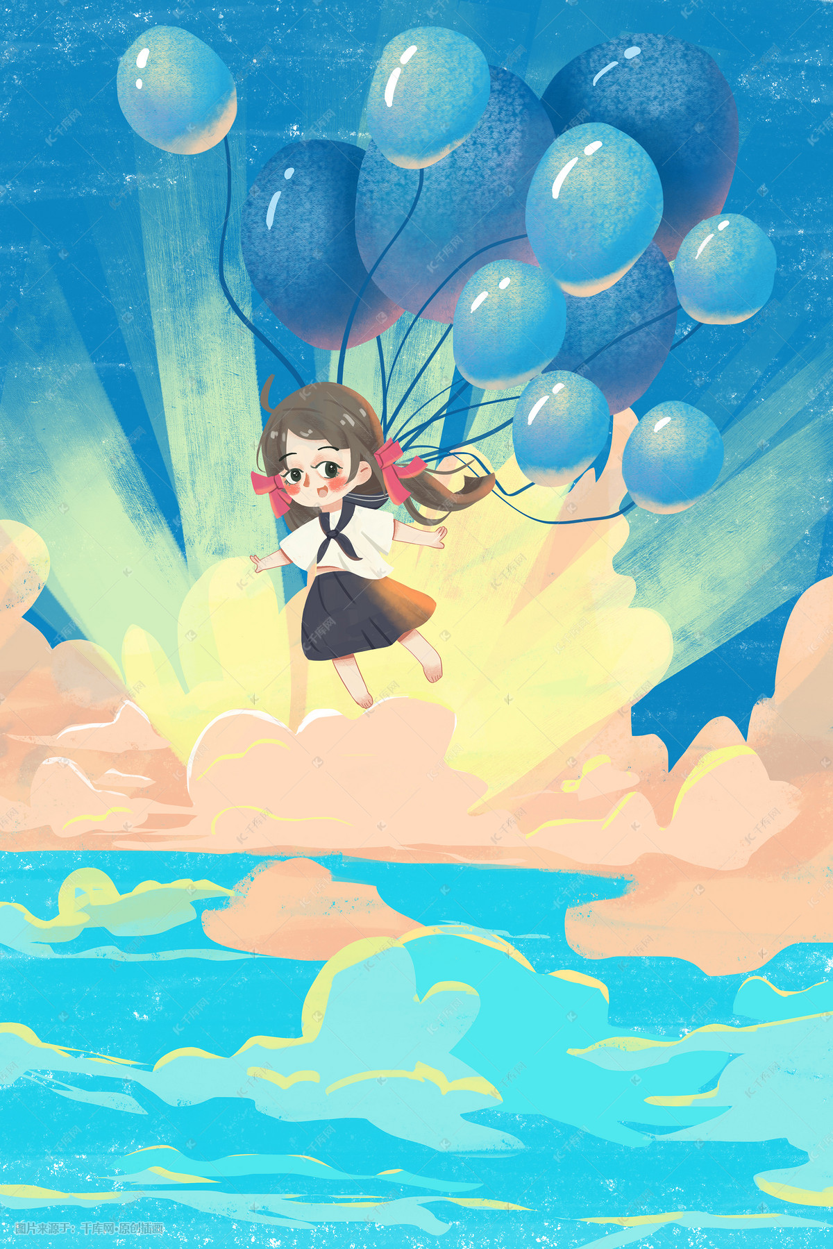 61儿童节童年童趣少女欢乐青春卡通插画
