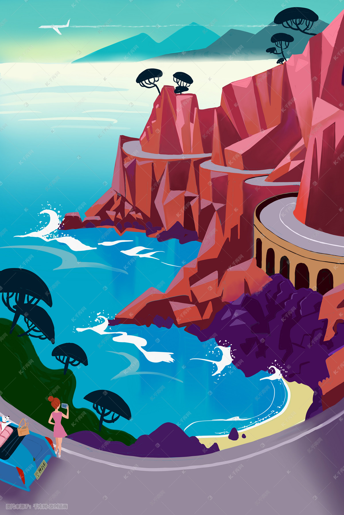 寒假旅行南欧海岸插画图片-千库网