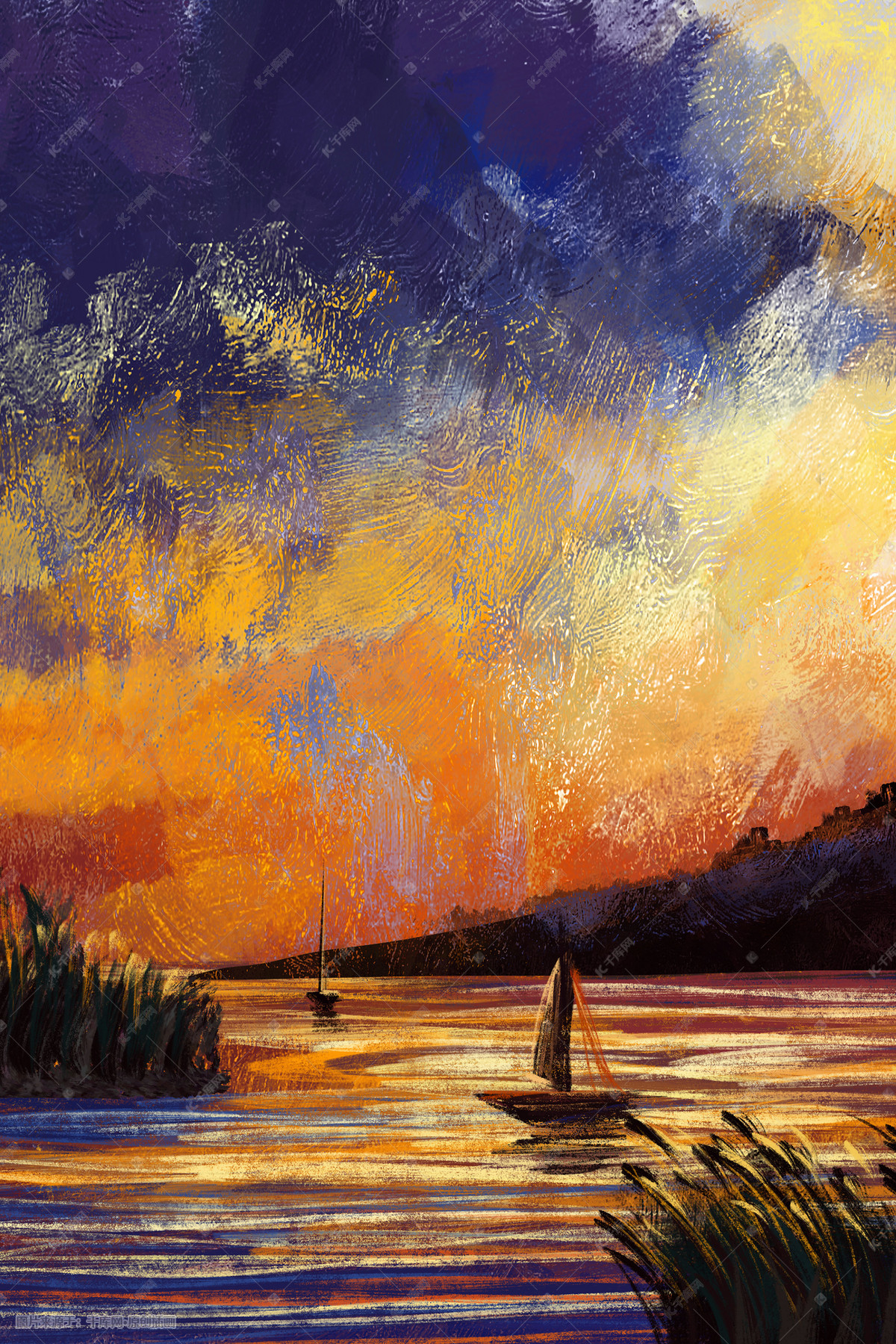 鲜艳夕阳西下色彩油画风景